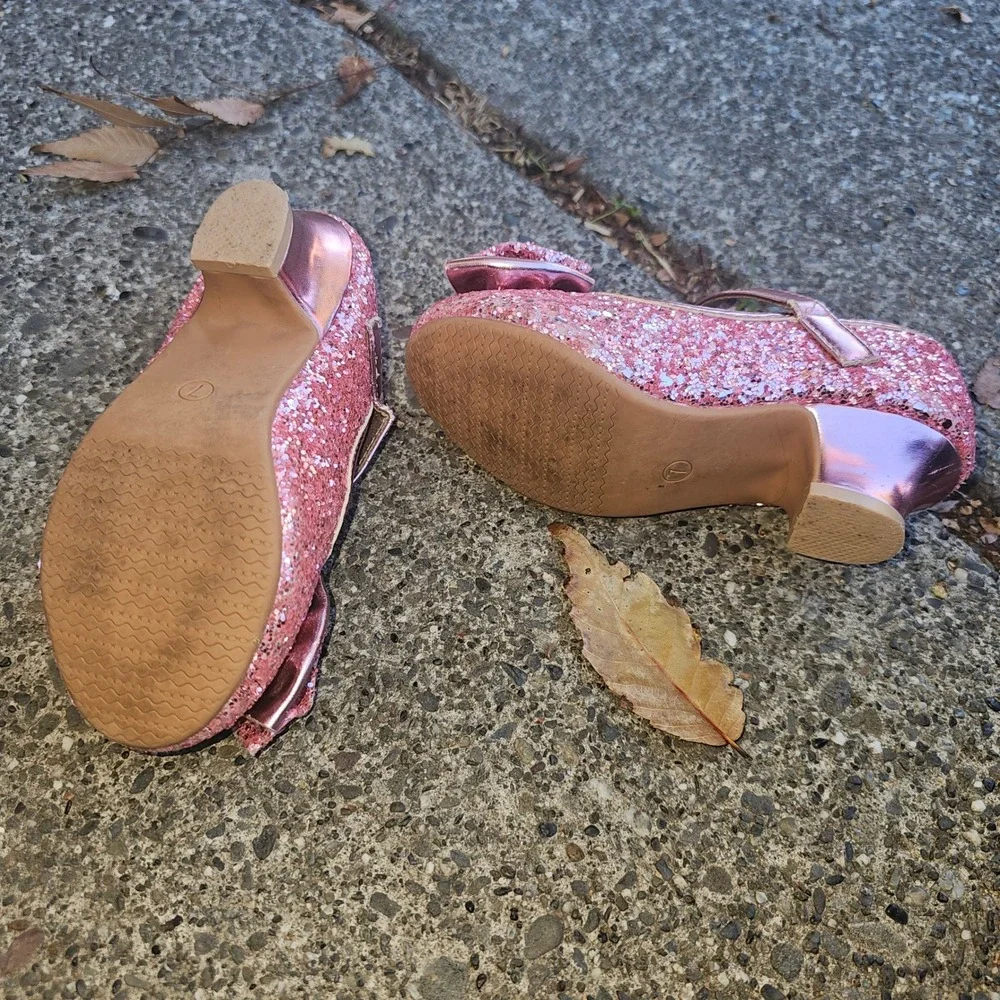 Pandanija Kids Girls Sparkly Pink Glitter Bow Mary Jane‎ Shoes Size 7